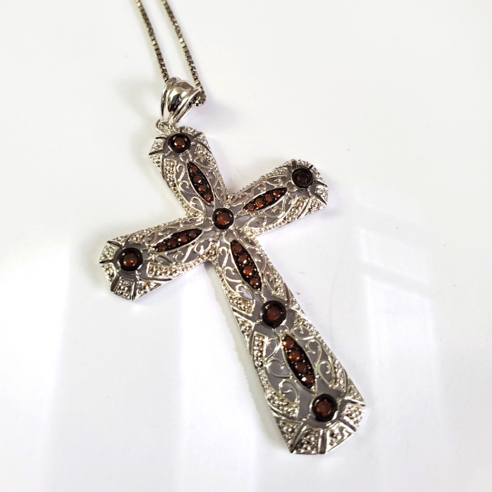 Sterling Silver 925 Champagne Diamond Cross Pendant Necklace